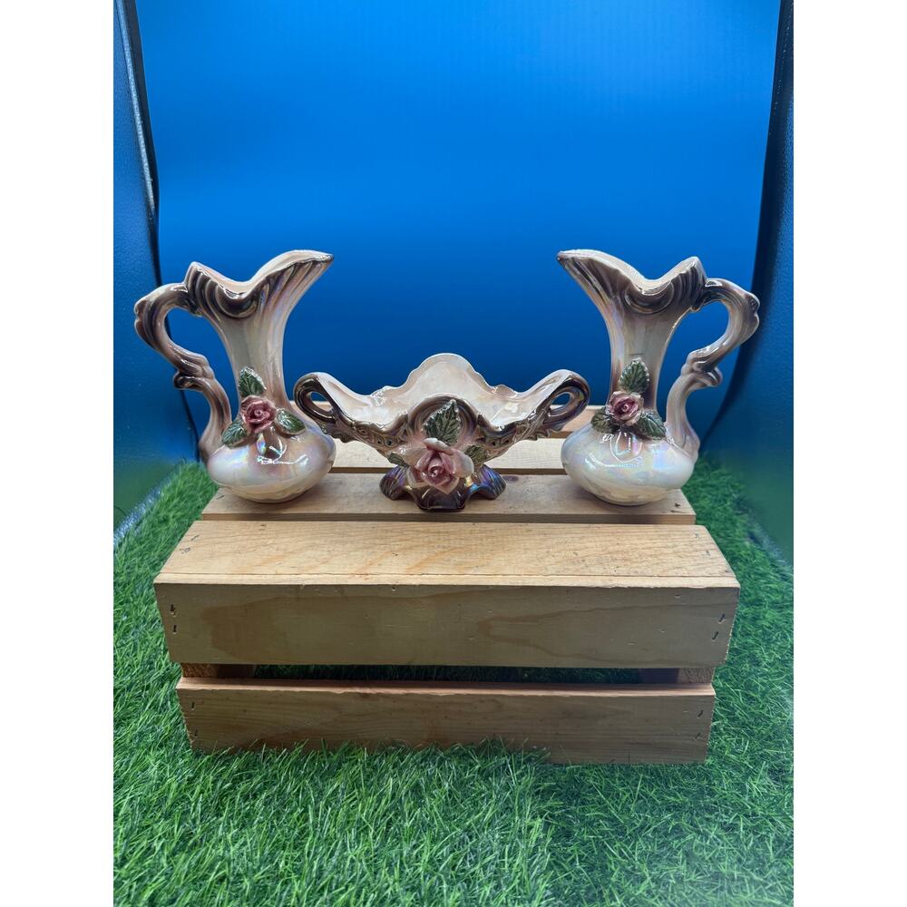 Vintage 3-Piece Iridescent Lustreware Ceramic Garniture Console Set w/ 3D Roses